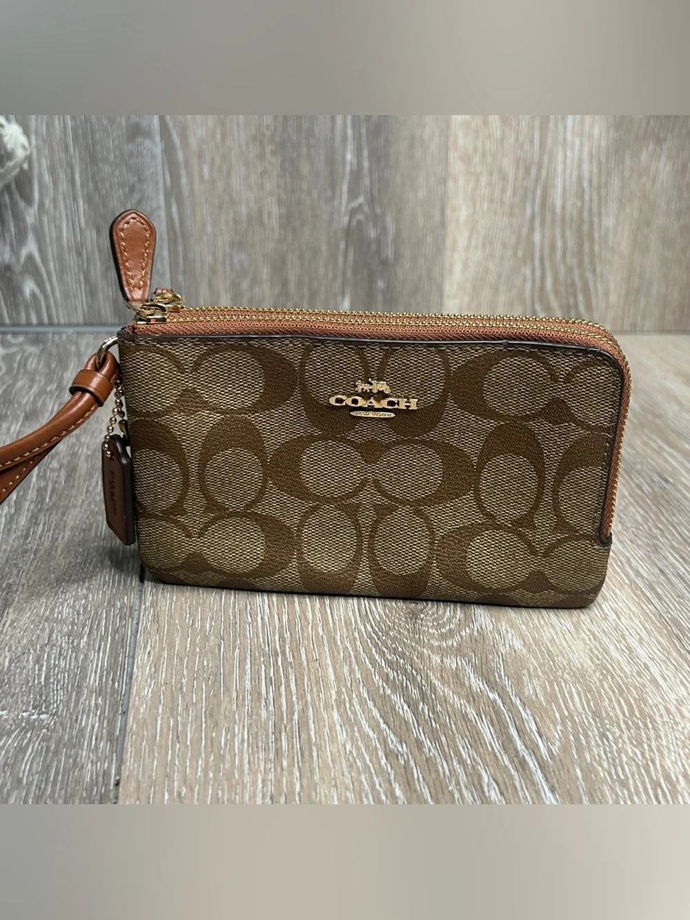 COACH Double Zip Wristlet in Signature Canvas Khaki Saddle Brown Wallet⁠
